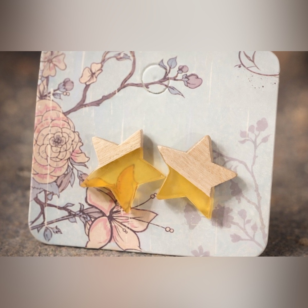 Wooden‎ Star Stud Earrings Yellow Resin Accents Celestial Jewelry